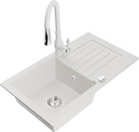 Mexen Pablo single-bowl granite sink with drainer and Savita kitchen faucet, white - 6510-20-672601-20