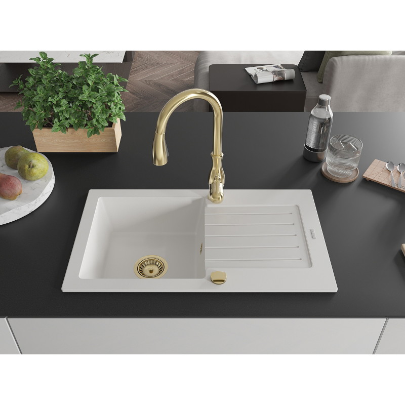 Mexen Pablo 1-bowl granite sink with drainer and Savita kitchen faucet, white - 6510-20-672601-50