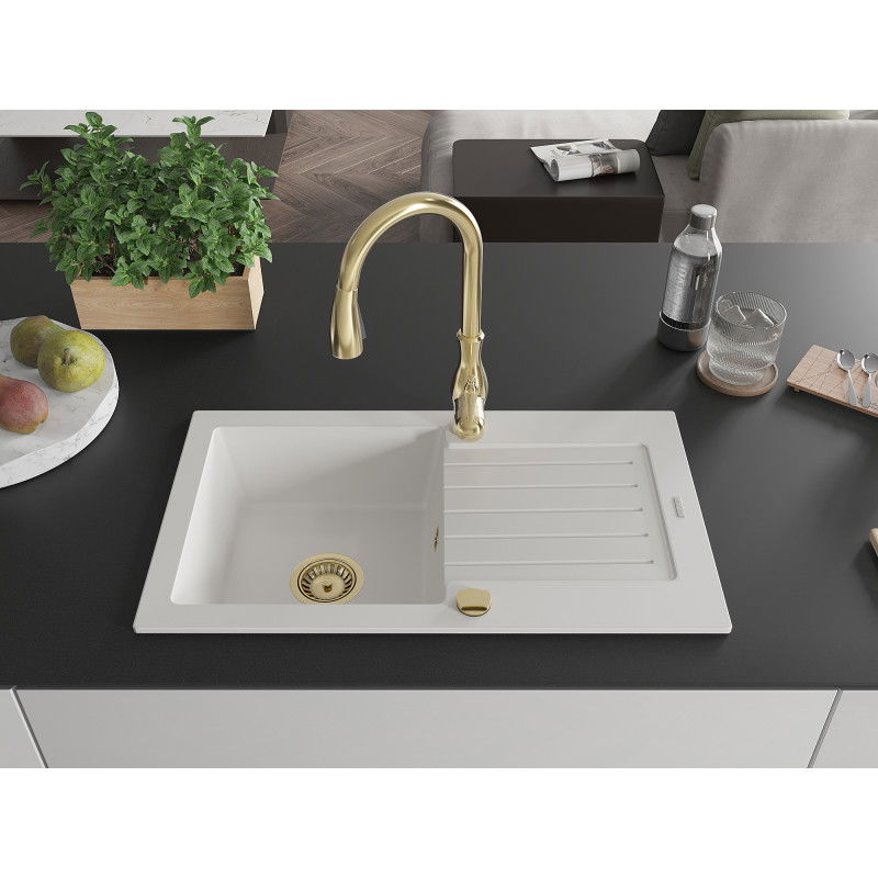 Mexen Pablo 1-bowl granite sink with drainer and Savita kitchen tap, white - 6510-20-672601-50