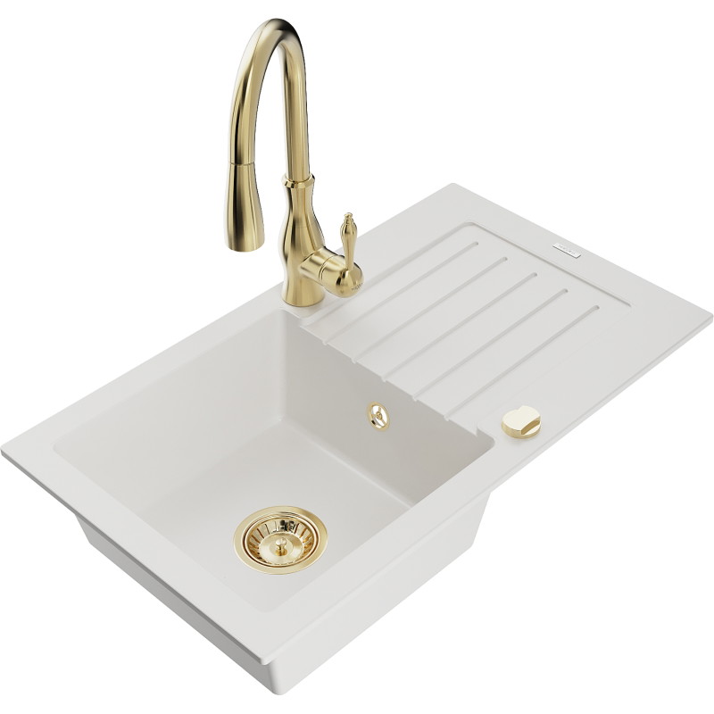 Mexen Pablo 1-bowl granite kitchen sink with drainer and Savita kitchen faucet, white - 6510-20-672601-50