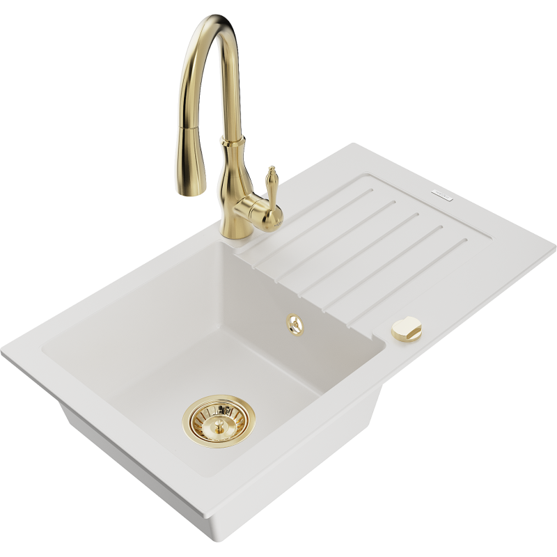 Mexen Pablo 1-bowl granite sink with drainer and Savita kitchen tap, white - 6510-20-672601-50