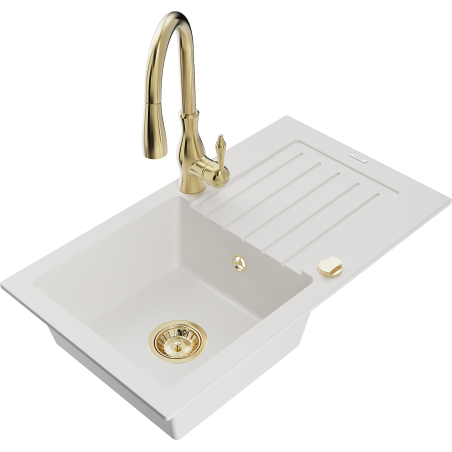 Mexen Pablo 1-bowl granite sink with drainer and Savita kitchen tap, white - 6510-20-672601-50