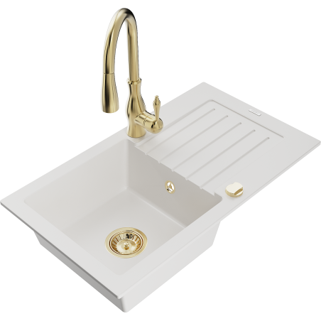 Mexen Pablo 1-compartment granite sink with a drip tray and kitchen mixer tap Savita, White - 6510-20-672601-50