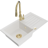 Mexen Pablo 1-bowl granite kitchen sink with drainer and Savita kitchen faucet, white - 6510-20-672601-50