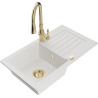 Mexen Pablo 1-bowl granite sink with drainer and Savita kitchen faucet, white - 6510-20-672601-50