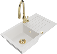 Mexen Pablo 1-bowl granite kitchen sink with drainer and Savita kitchen faucet, white - 6510-20-672601-50