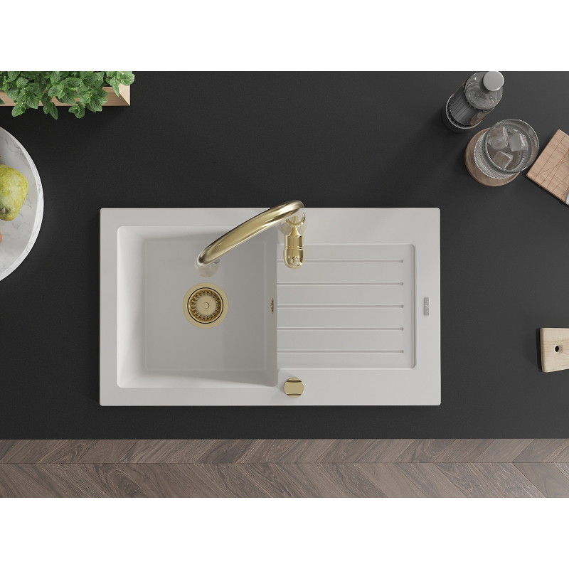Mexen Pablo 1-bowl granite sink with drainer and Savita kitchen faucet, white - 6510-20-672601-50