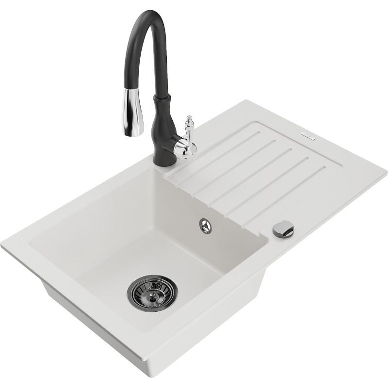 Mexen Pablo 1-bowl granite sink with drainer and Savita kitchen faucet, white - 6510-20-672601-70