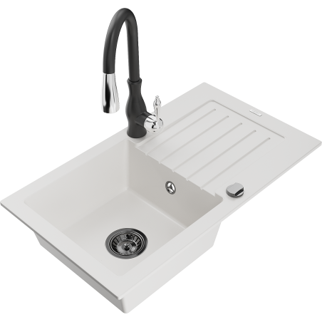 Mexen Pablo granite sink 1-bowl with drainer and Savita kitchen faucet, white - 6510-20-672601-70
