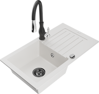 Mexen Pablo 1-bowl granite sink with drainer and Savita kitchen faucet, white - 6510-20-672601-70