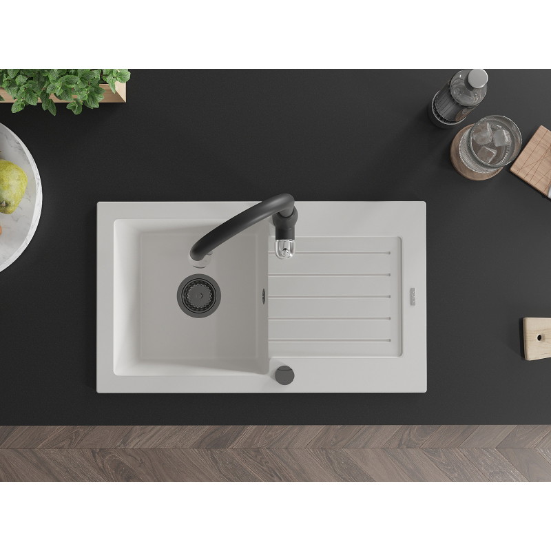 Mexen Pablo granite sink 1-bowl with drainer and Savita kitchen faucet, white - 6510-20-672601-70