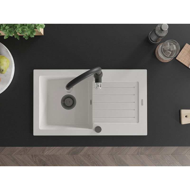 Mexen Pablo granite sink single-bowl with drainer and Savita kitchen tap, white - 6510-20-672601-70