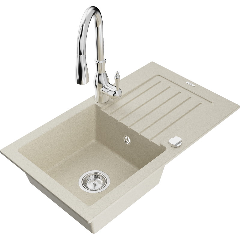 Mexen Pablo granite kitchen sink with 1 bowl, drainer, and Savita kitchen faucet, beige - 6510-69-672601-00