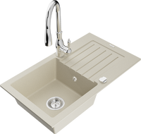 Mexen Pablo single-bowl granite sink with drainer and Savita kitchen faucet, beige - 6510-69-672601-00