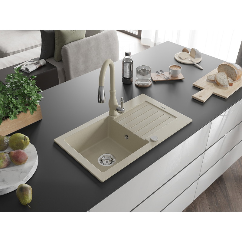 Mexen Pablo 1-bowl granite kitchen sink with drainer and Savita faucet, beige - 6510-69-672601-69