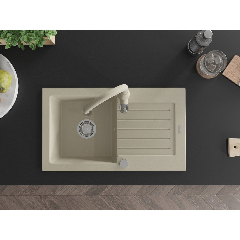 Mexen Pablo 1-bowl granite sink with drainer and Savita kitchen faucet, beige - 6510-69-672601-69