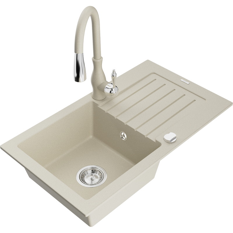 Mexen Pablo 1-bowl granite sink with drainer and Savita kitchen faucet, beige - 6510-69-672601-69