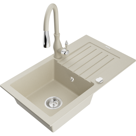 Mexen Pablo 1-bowl granite sink with drainer and Savita kitchen faucet, beige - 6510-69-672601-69