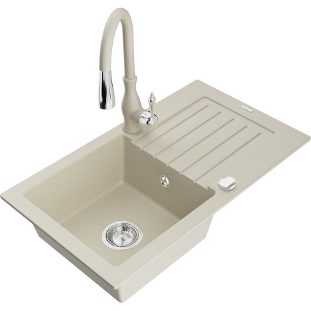 Mexen Pablo 1-compartment granite sink with a drip tray and kitchen mixer tap Savita, Beige - 6510-69-672601-69