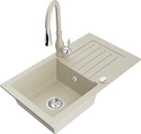 Mexen Pablo granite kitchen sink 1-bowl with drainer and Savita kitchen tap, beige - 6510-69-672601-69