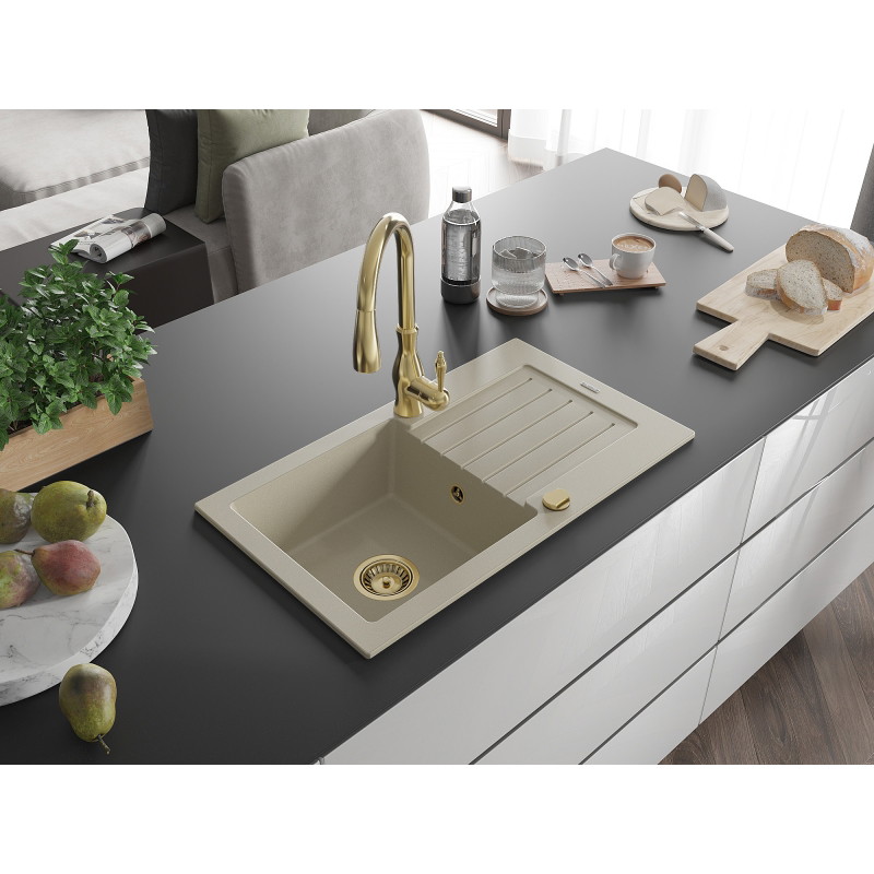 Mexen Pablo granite kitchen sink 1-bowl with drainer and Savita kitchen faucet, beige - 6510-69-672601-50