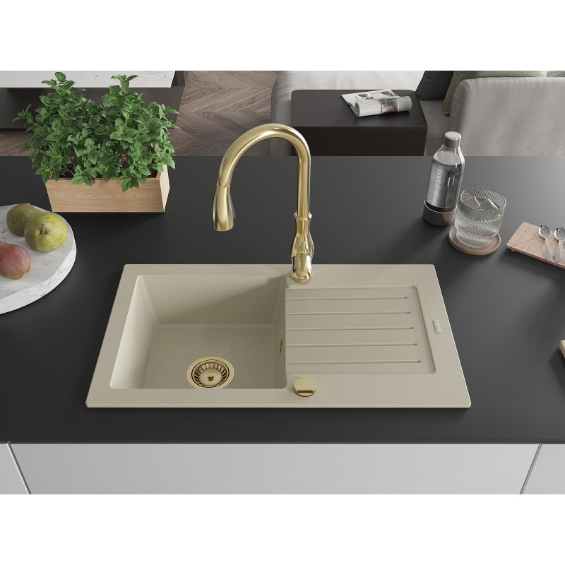 Mexen Pablo granite kitchen sink 1-bowl with drainer and Savita kitchen faucet, beige - 6510-69-672601-50
