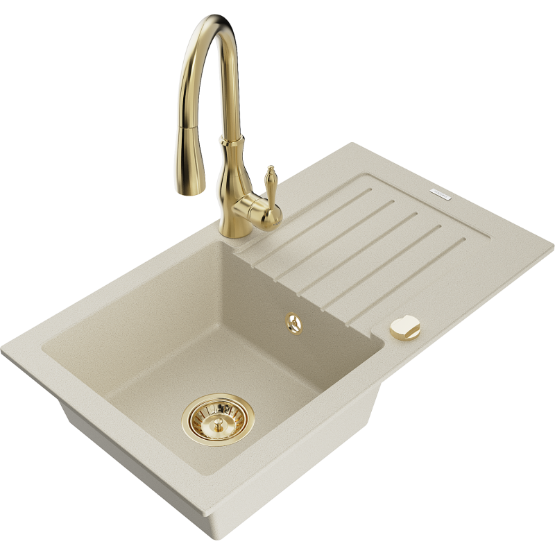 Mexen Pablo 1-compartment granite sink with a drip tray and kitchen mixer tap Savita, Beige - 6510-69-672601-50