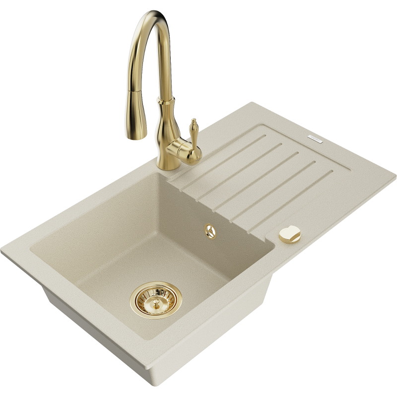 Mexen Pablo granite kitchen sink 1-bowl with drainer and Savita kitchen faucet, beige - 6510-69-672601-50