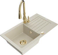 Mexen Pablo granite kitchen sink 1-bowl with drainer and Savita kitchen faucet, beige - 6510-69-672601-50