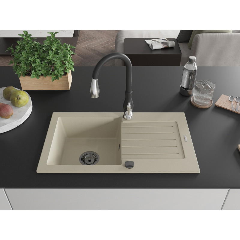 Mexen Pablo 1-bowl granite sink with drainer and Savita kitchen faucet, beige - 6510-69-672601-70