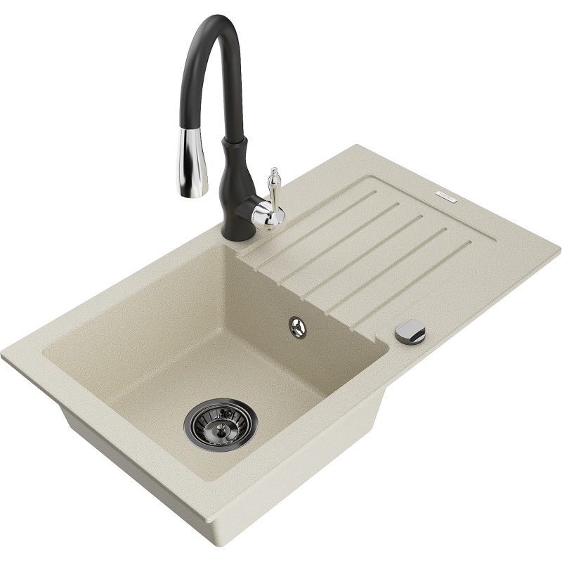 Mexen Pablo 1-bowl granite sink with drainer and Savita kitchen faucet, beige - 6510-69-672601-70