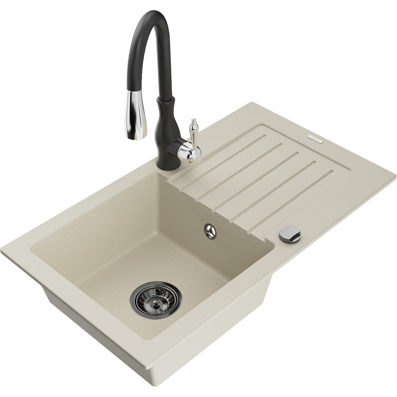 Mexen Pablo 1-compartment granite sink with a drip tray and kitchen mixer tap Savita, Beige - 6510-69-672601-70
