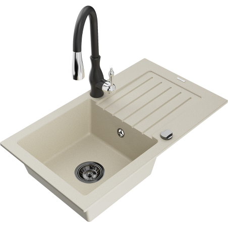 Mexen Pablo 1-compartment granite sink with a drip tray and kitchen mixer tap Savita, Beige - 6510-69-672601-70