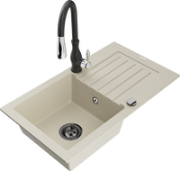 Mexen Pablo 1-bowl granite sink with drainer and Savita kitchen faucet, beige - 6510-69-672601-70