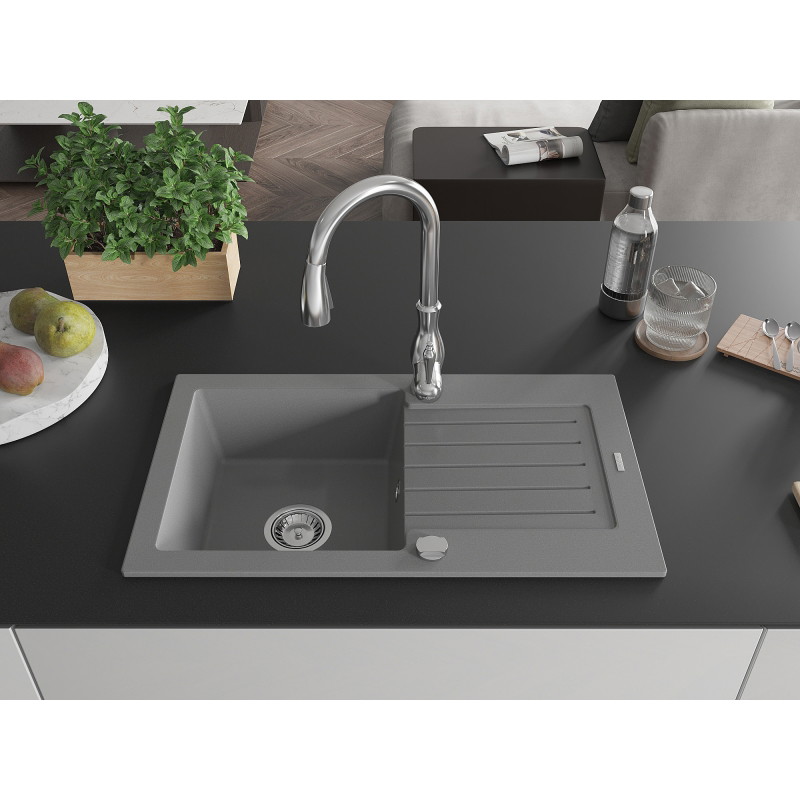 Mexen Pablo 1-bowl granite sink with drainer and Savita kitchen faucet, gray - 6510-71-672601-00