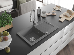 Mexen Pablo 1-bowl granite sink with drainer and Savita kitchen faucet, gray - 6510-71-672601-00