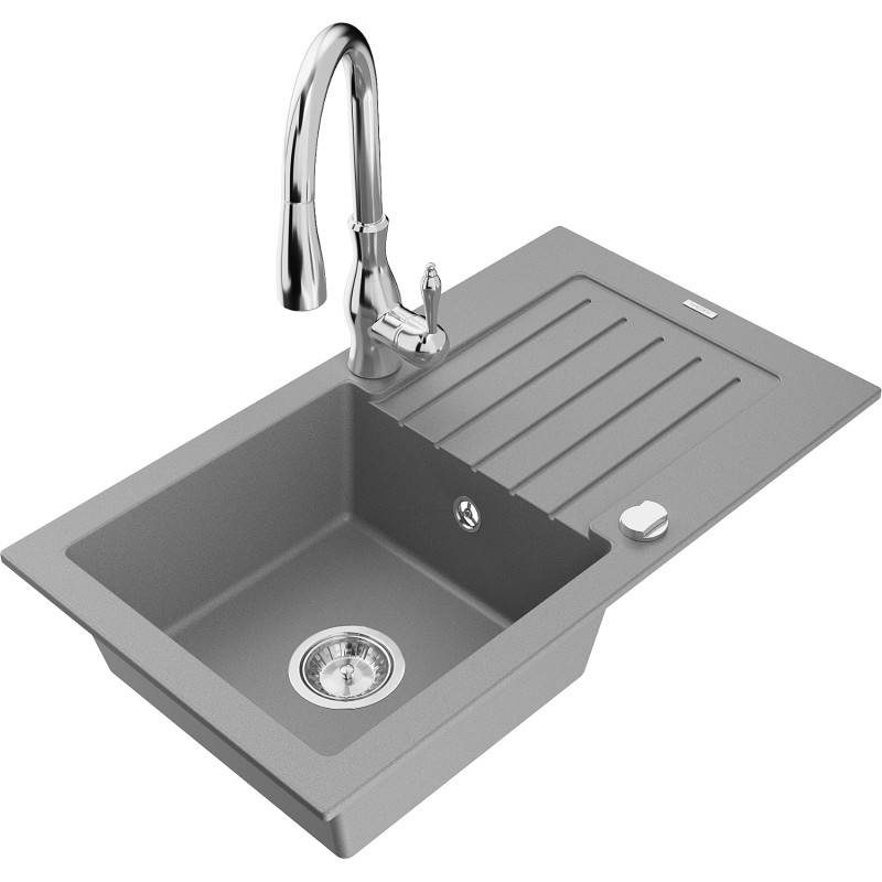 Mexen Pablo 1-bowl granite sink with drainer and Savita kitchen faucet, gray - 6510-71-672601-00