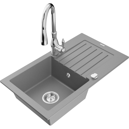 Mexen Pablo 1-bowl granite sink with drainer and Savita kitchen faucet, gray - 6510-71-672601-00