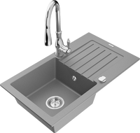 Mexen Pablo 1-bowl granite sink with drainer and Savita kitchen faucet, gray - 6510-71-672601-00