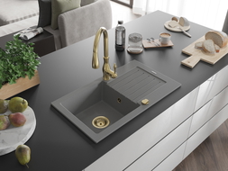 Mexen Pablo gray granite single-bowl sink with drainer and Savita kitchen faucet - 6510-71-672601-50