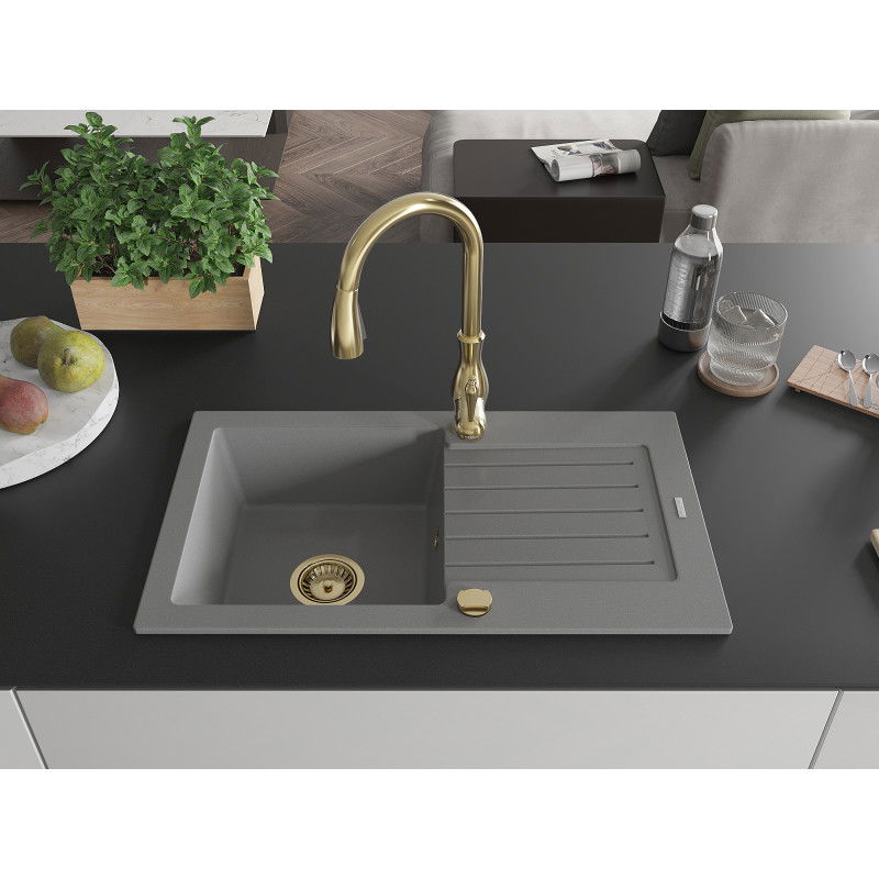 Mexen Pablo 1-Basin Granite Sink with Drainer and Savita Kitchen Tap, Grey - 6510-71-672601-50