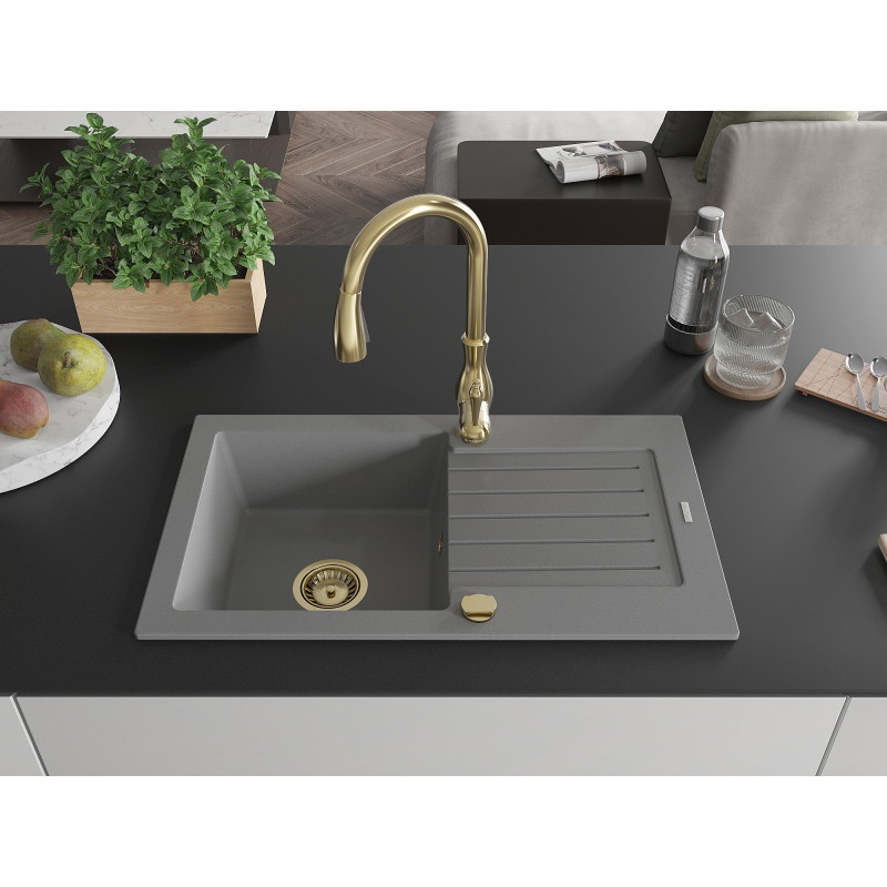 Mexen Pablo 1-bowl granite sink with drainer and kitchen faucet Savita, gray - 6510-71-672601-50