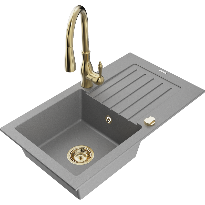 Mexen Pablo 1-Basin Granite Sink with Drainer and Savita Kitchen Tap, Grey - 6510-71-672601-50