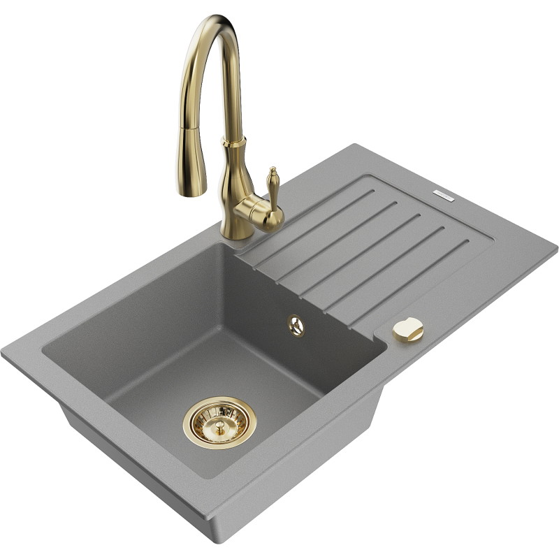 Mexen Pablo gray granite single-bowl sink with drainer and Savita kitchen faucet - 6510-71-672601-50