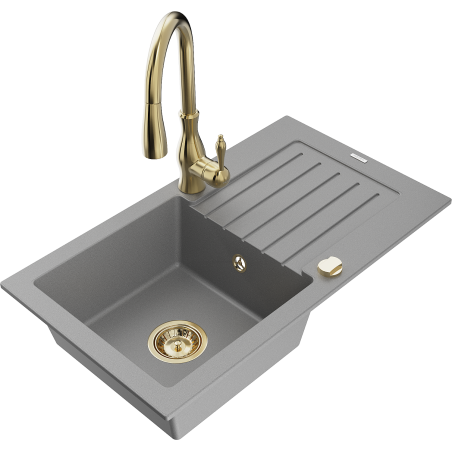 Mexen Pablo 1-bowl granite sink with drainer and kitchen faucet Savita, gray - 6510-71-672601-50