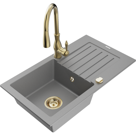 Mexen Pablo 1-compartment granite sink with a drip tray and kitchen mixer tap Savita, Grey - 6510-71-672601-50