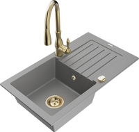 Mexen Pablo 1-compartment granite sink with a drip tray and kitchen mixer tap Savita, Grey - 6510-71-672601-50