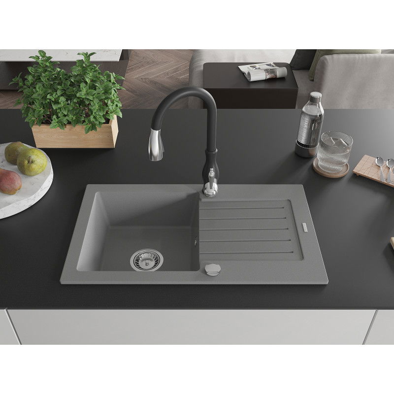 Mexen Pablo single-bowl granite sink with drainer and Savita kitchen tap, grey - 6510-71-672601-70