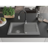 Mexen Pablo 1-bowl granite kitchen sink with drainer and Savita kitchen faucet, gray - 6510-71-672601-70