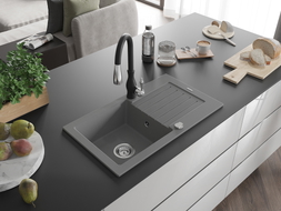 Mexen Pablo 1-bowl granite sink with drainer and Savita kitchen faucet, gray - 6510-71-672601-70